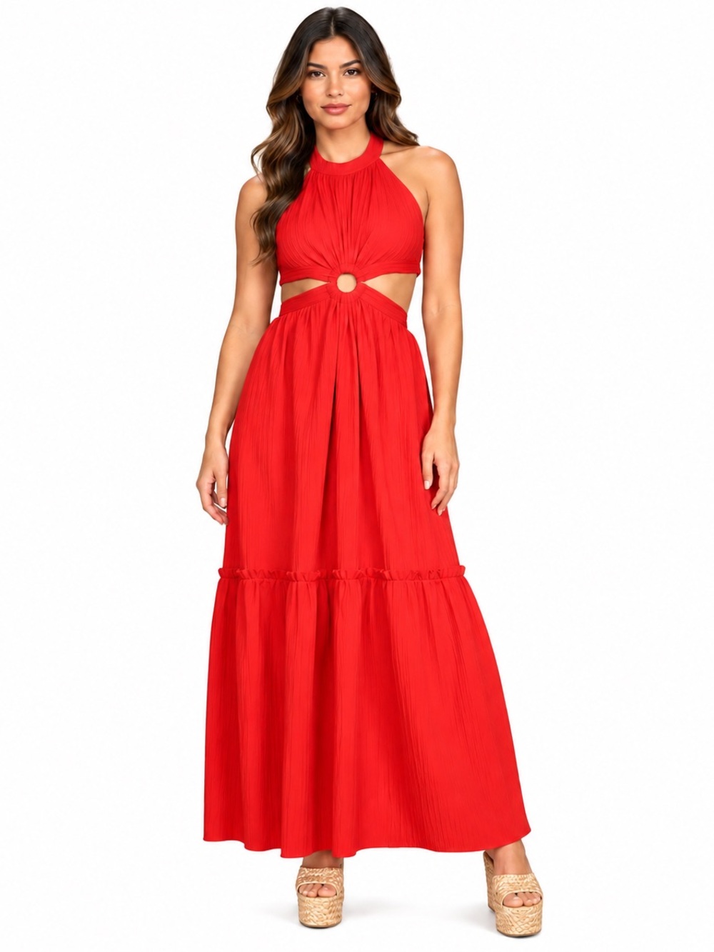 Lulus Island Vacay Red Tiered Tie-Back Maxi Cutout O Ring Maxi Dress. NWT Size-M